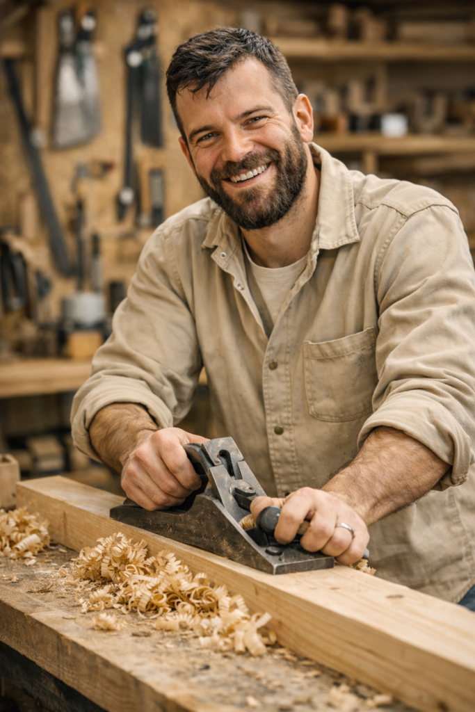 Zimmermann beim Hobeln, schaut in Kamera